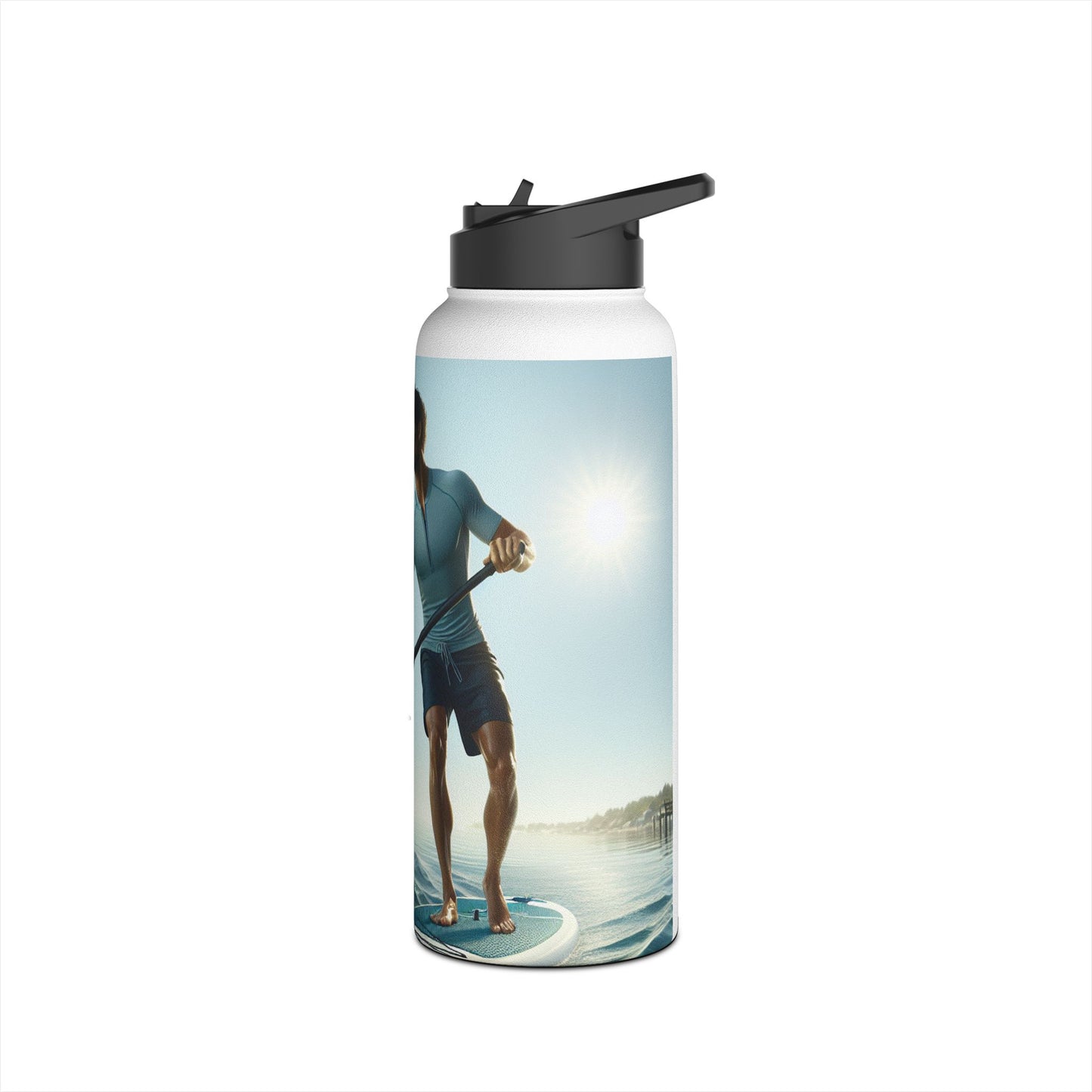 Fantasy Paddleboarding Stainless Steel Water Bottle illustrating a dynamic moment on the water with a paddleboarder, perfect for luxury outdoor enthusiasts.