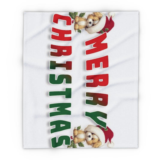 Luxurious Decorative and Warm Christmas Arctic Fleece Blanket featuring 'Merry Christmas' text and adorable festive motifs, perfect for adding festive charm to your home.
