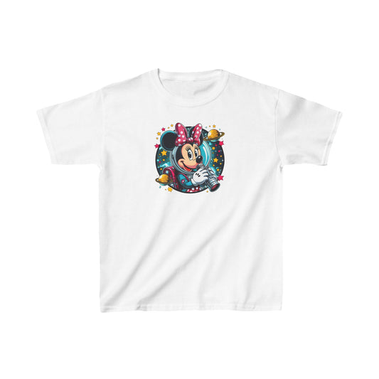 Luxury Child’s Blast Off with Minnie Mouse Unisex Graphic Tee Shirt Kids in pristine white, showcasing an adorable Minnie Mouse design with vibrant colours and interstellar theme, perfect for stylish young adventurers.