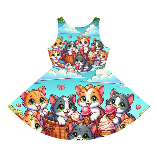 Penelope Sprout Girls' Summer Picnic Sundress featuring a vibrant playful kitten design, beautifully illustrated on a twirl-friendly skirt, perfect for summer outings.