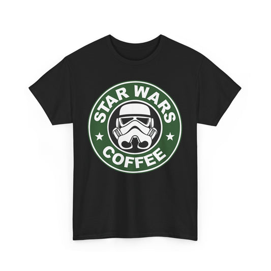 Elegant Star Wars Coffee T-Shirt showcasing a unisex design with a striking Stormtrooper helmet logo, ideal for coffee enthusiasts and Star Wars fans.