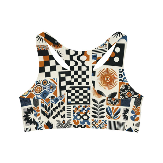 Evelyn Chicane Vibrant Checkerboard Sports Bra showcasing a captivating mix of bold designs and soft microfiber blend, ideal for the modern athlete.