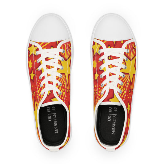 Top view of Stormy Boltson Men's Lowtop Sneakers showcasing their vibrant red pop art design and distinctive yellow star accents, perfect for making a stylish statement.