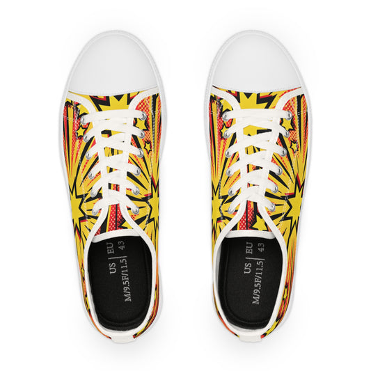 Top view of the Zara Electrobeam Men's Low Top Pop Art Sneakers in Vibrant Red with Yellow Star Design, showcasing intricate details of the vibrant star pattern and luxurious white laces.
