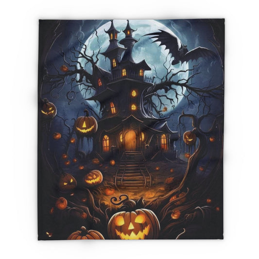 Decorative and Warm Halloween Spooky Arctic Fleece Blanket showcasing a stunning scene with a haunted mansion, a luminous full moon, and playful bats, ideal for creating a luxurious atmosphere during the Halloween season.