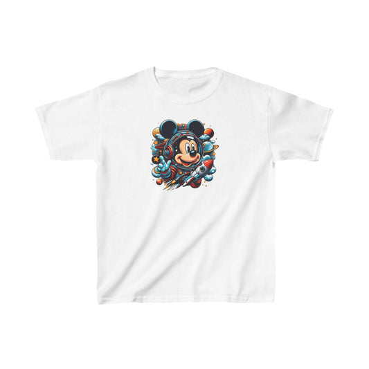 Child’s Blast Off with Mickey Astronaut Unisex Graphic Tee Shirt Kids in white showcasing a lively Mickey Mouse astronaut design with playful colours and cosmic elements.