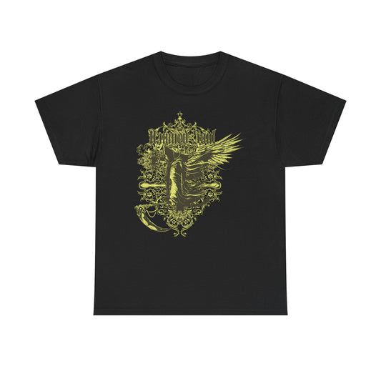 Elegant black t-shirt featuring a gothic design of the Grim Reaper, adorned with intricate floral motifs and striking wings, showcasing the phrase 'Damned Soul' in a bold gothic font.