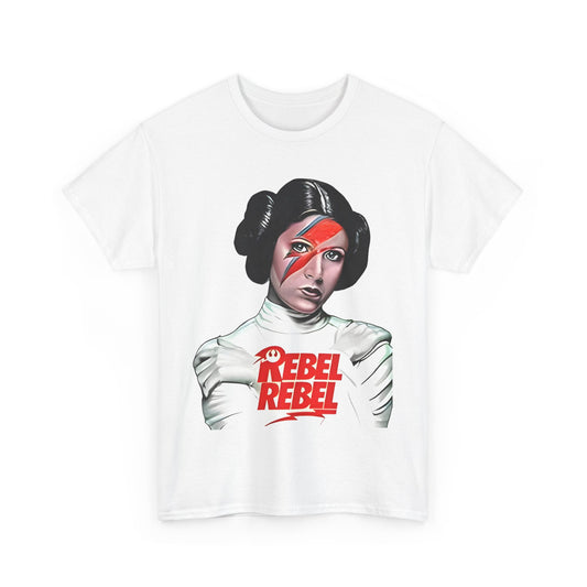 Elegant Star Wars Princess Leia funny graphic tee showcasing a classic design with 'REBEL REBEL' prominently displayed, ideal for stylish aficionados of the franchise.