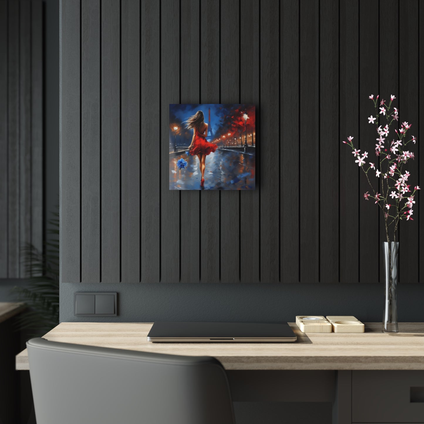 Captivating Enchantment: City Stroll Acrylic Print displayed elegantly on a dark wall in a modern office setting, surrounded by contemporary décor, evoking a sense of luxury.