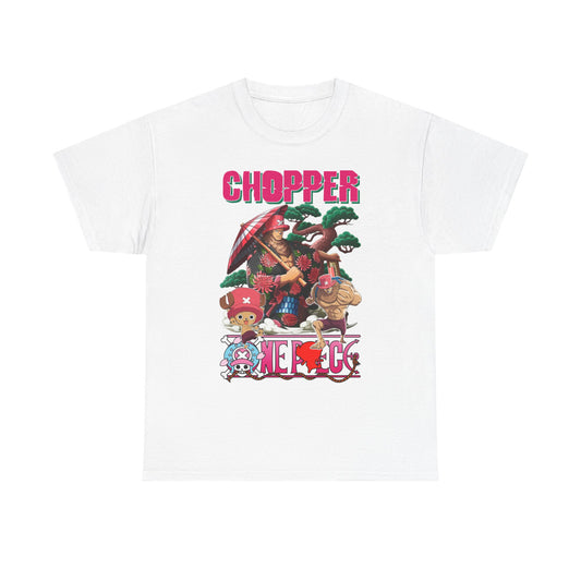 Luxurious white men's t-shirt featuring vibrant anime graphic art of Chopper and friends, perfect for anime enthusiasts and casual wear.