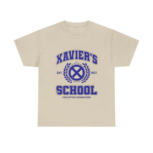 Xavier's School for Gifted Youngsters X-Men Logo Graphic Unisex Tee Shirt in beige, displaying a striking blue design of the renowned X-Men logo, perfect for sophisticated fans of superhero culture.