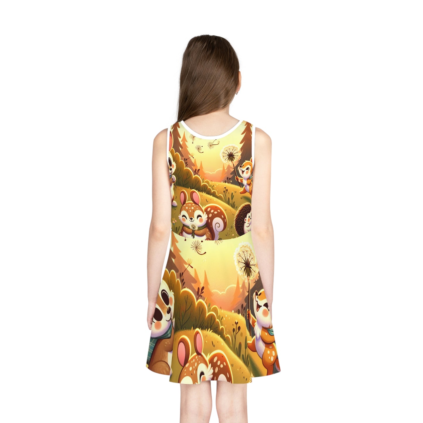 Sophia Lillipop Girls Enchanted Forest Sundress by Dazzling Dreams Studio featuring vibrant woodland creatures design, perfect for whimsical toddler wear and summer adventures.