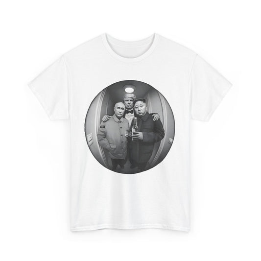 Elegant white t-shirt showcasing a captivating black and white graphic of renowned leaders, designed to evoke curiosity and conversation, ideal for sophisticated wardrobes.