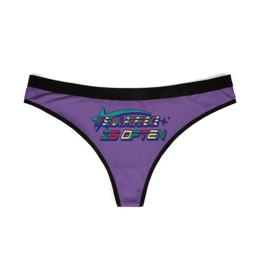 Elegant women's thong underwear showcasing a striking graphic statement 'MY SEXUAL PREFERENCE IS OFTEN'. The playful design combines a rich purple background with a sophisticated lace trim, perfect for confident, stylish wear.