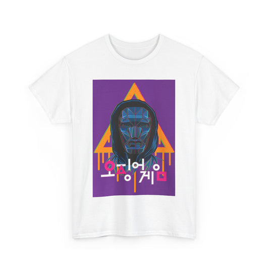 Squid Game Unisex Men’s Women’s Graphic Cotton Funny T Shirt Tee showcasing an artistic interpretation of a mysterious character, designed for those who appreciate unique urban style.