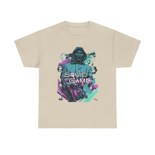 Luxurious unisex cotton t-shirt highlighting a striking design related to Squid Game, featuring an eye-catching hooded character amidst an artistic explosion of colors, ideal for trendsetters seeking unique casual wear.