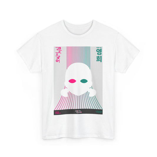 Luxurious white graphic tee featuring a minimalist design inspired by the iconic Squid Game series, showcasing an artistic representation of a playful yet haunting aesthetic.