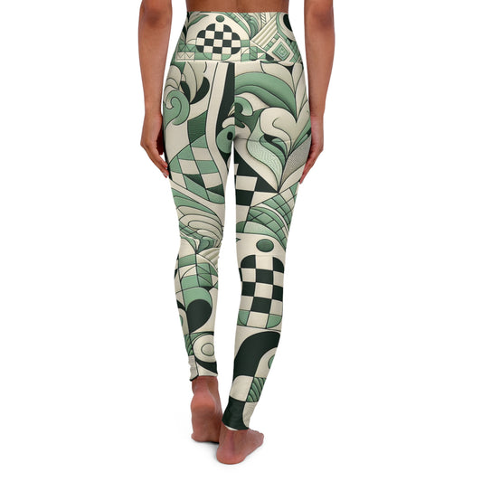 Luxurious pastel green high-waisted leggings with checkerboard and organic prints by Dazzling Dreams Studio, ideal for stylish athleisure.
