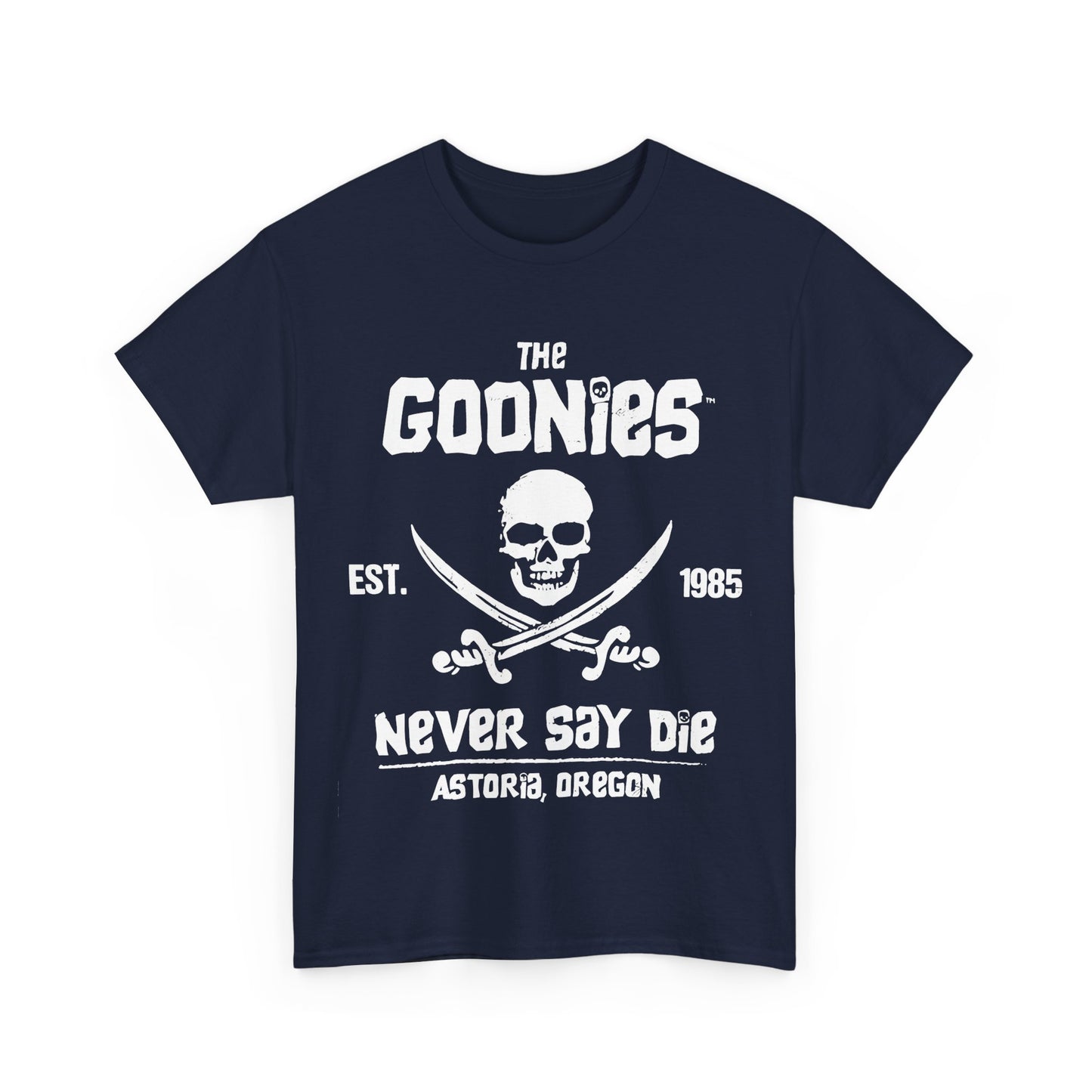 Luxury The Goonies Graphic T-Shirt in Classic Navy, showcasing the emblematic skull and swords, a stylish tribute for fans of the cult classic.