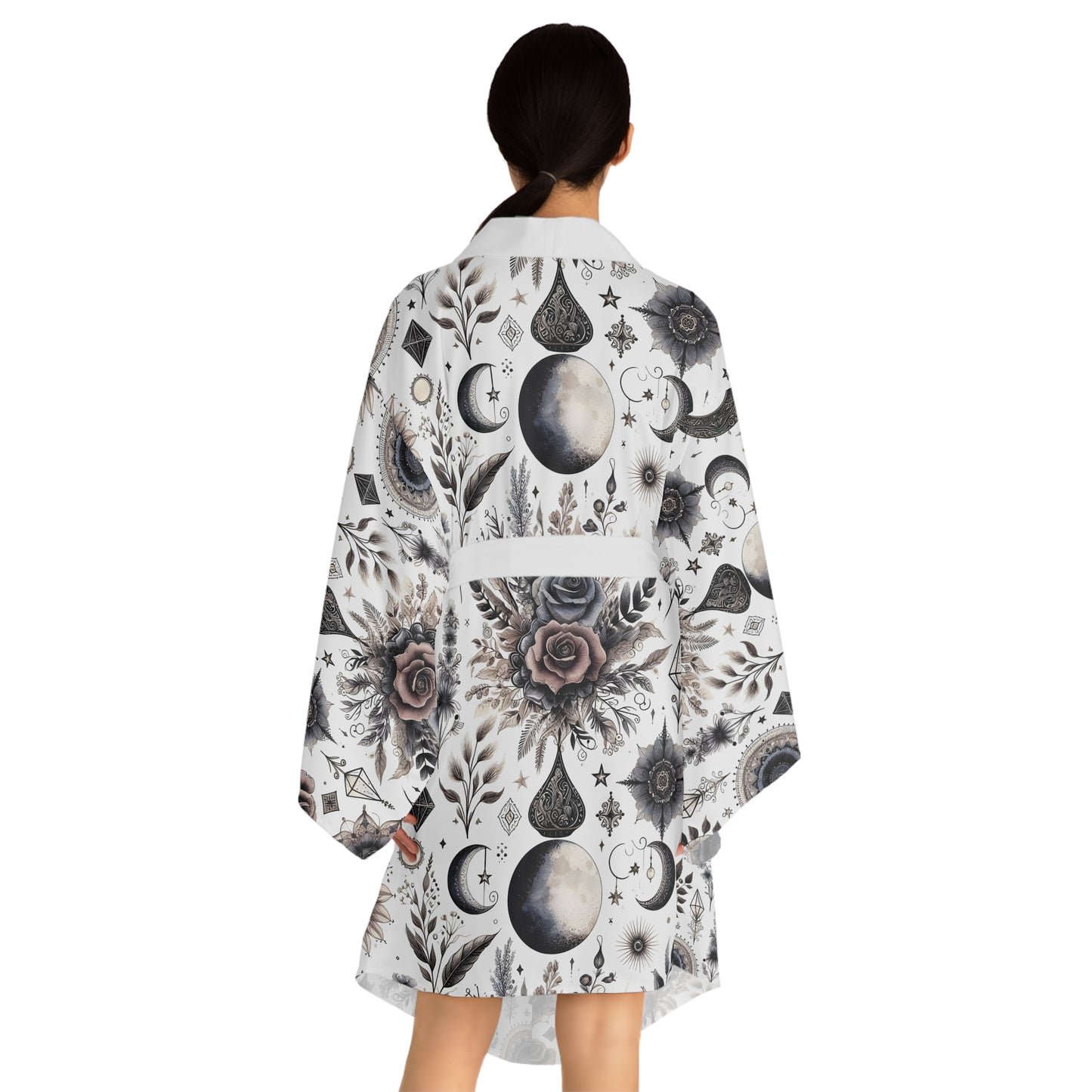 Floral Kimono Robe for Women, highlighting the elegant back view with intricate floral details, ideal for stylish comfort and leisure.