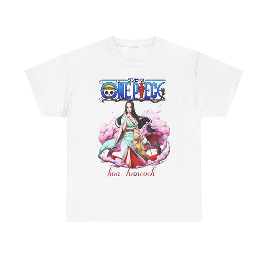 Elegant white t-shirt showcasing a stunning design of Boa Hancock from One Piece, dressed in a beautiful light teal kimono, surrounded by delicate cherry blossom petals. Perfect for anyone who admires fine anime artistry.