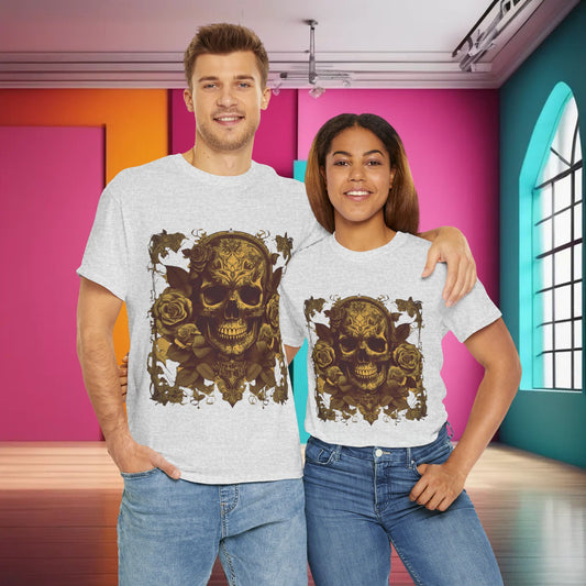 Skulls and Roses Cotton Tee - Elegant unisex graphic shirt displayed by a couple, featuring a detailed skull and roses design with a subtle grey background.