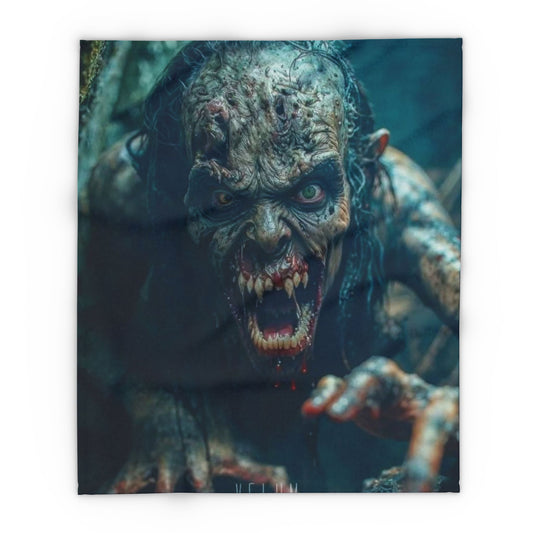 Luxurious Decorative and Warm Halloween Spooky Arctic Fleece Blanket featuring a haunting and atmospheric design with monstrous imagery, perfect for seasonal decor.
