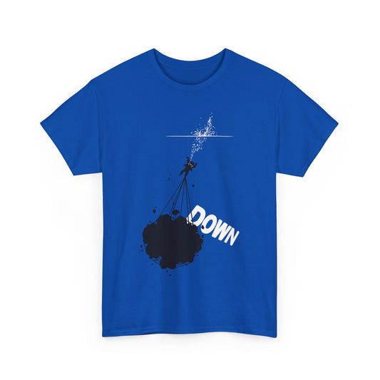 Elegant Pixar’s Down unisex graphic t-shirt in rich blue, artistically illustrating a whimsical character descending with balloons, adorned by the playful text 'DOWN'.