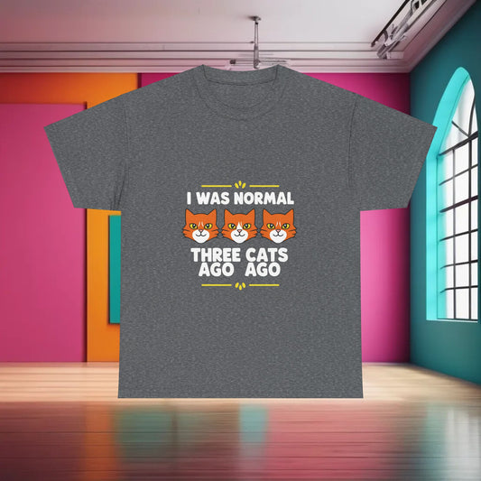 Sophisticated Crazy Cat Lady Graphic T-Shirt in heather grey, showcasing a whimsical design of three cat faces with a humorous quote, ideal for stylish cat lovers.