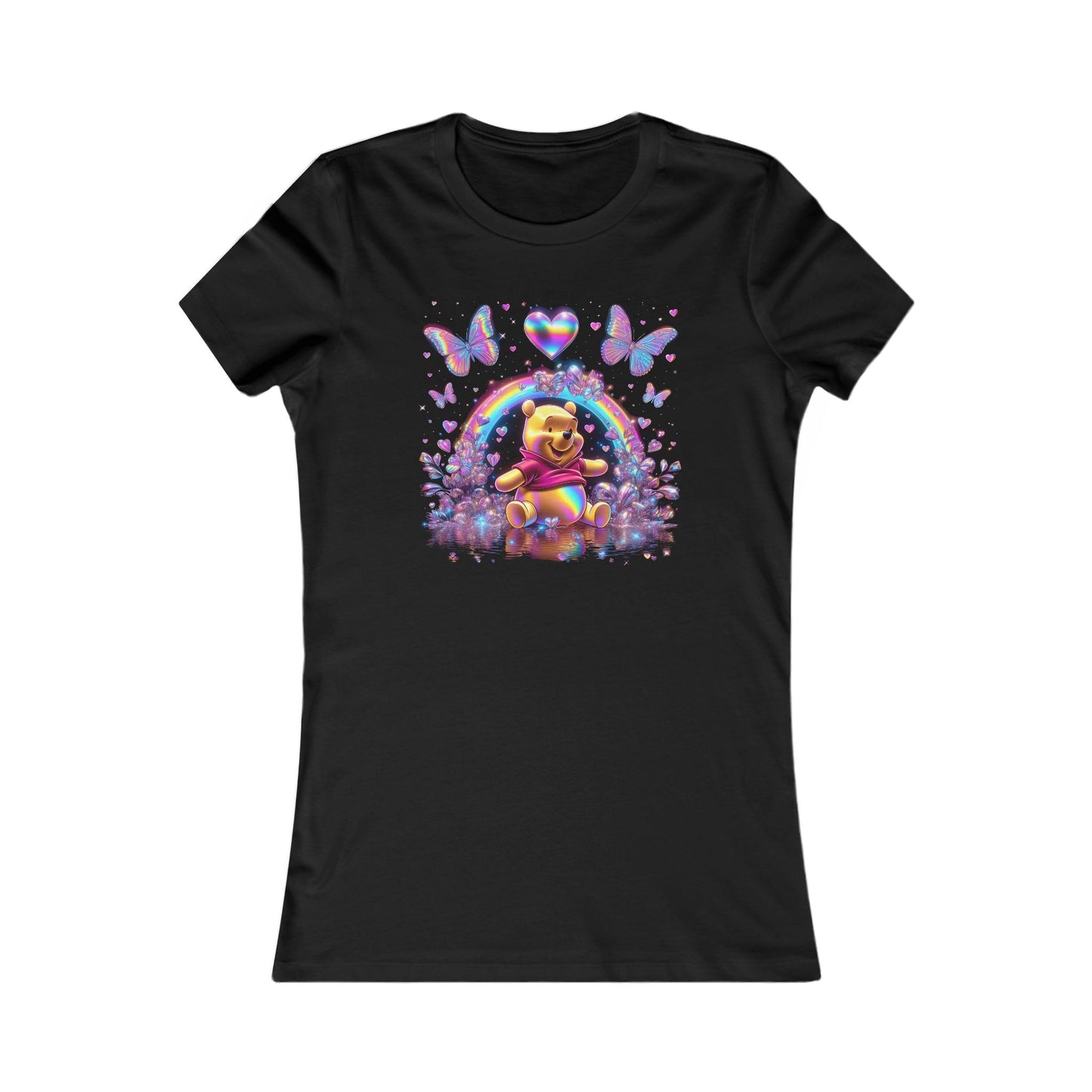 Vibrant Winnie the Pooh Women's Cotton T Shirt Tee featuring a joyful Winnie the Pooh surrounded by colourful butterflies, hearts, and a radiant rainbow, all rendered in bright digital art on a chic black tee.