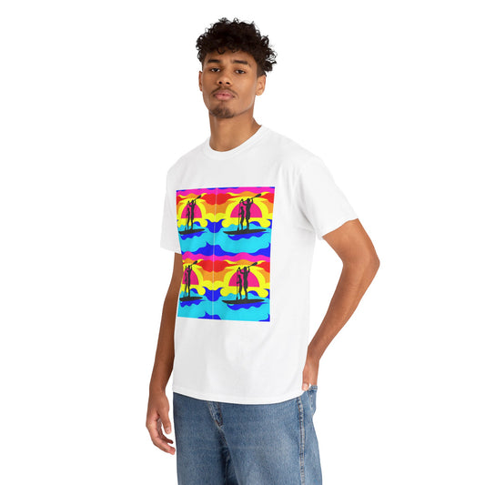 Delightful Paddle Board T-Shirt worn by a model, showcasing the bright paddleboard graphic design, perfect for expressing a love for water adventures in style.