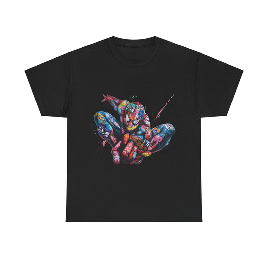 Unisex Spiderman Graphic Tee – Vibrant Artistic Design for Superhero Enthusiasts showcasing a captivating Spiderman graphic on a sleek black t-shirt, infused with vivid artistic flair and energy.