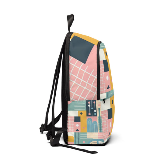 Stunning Geometric Pastel Backpack with vibrant pastel colours by Dazzling Dreams Studio, perfect for fashionable modern travellers.