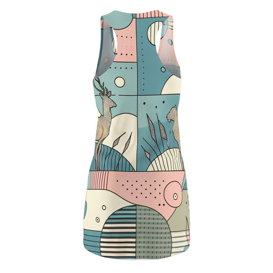 Close-up of Vivienne Starling Racerback Dress detailing the striking wild animal designs against soft pastel hues, ideal for the stylish woman.