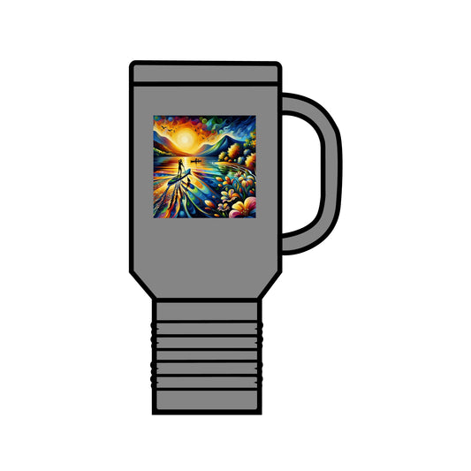 Elegant Fantasy Paddleboarding 40oz Insulated Stainless Steel Travel Mug showcased in a chic grey finish, perfect for keeping beverages at optimal temperatures during adventures.