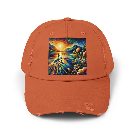 Unisex Distressed Paddleboarders Cap in warm orange, featuring a unique paddleboarding graphic, perfect for stylish sun protection on water adventures.