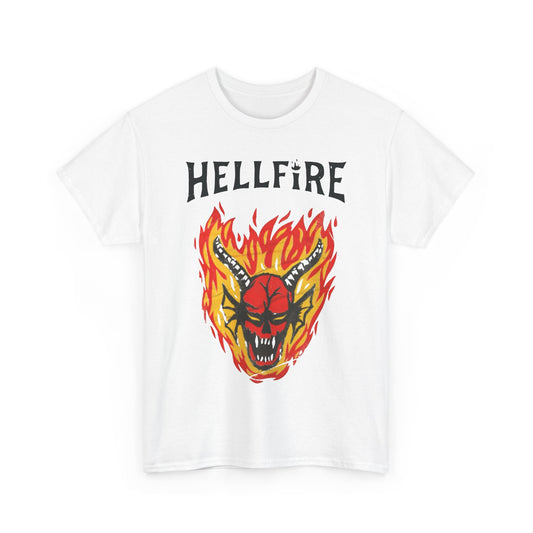 Sophisticated white Hellfire Club t-shirt showcasing an eye-catching illustration of a fiery demon's head, symbolising a unique blend of nostalgia and style.