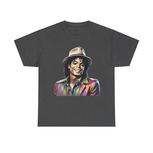 Michael Jackson Close-Up Portrait Graphic Unisex Tee – Luxurious Art Tribute T-Shirt, showcasing an artistic depiction of Michael Jackson with a joyful expression in a stylish multicoloured outfit on a dark grey background.