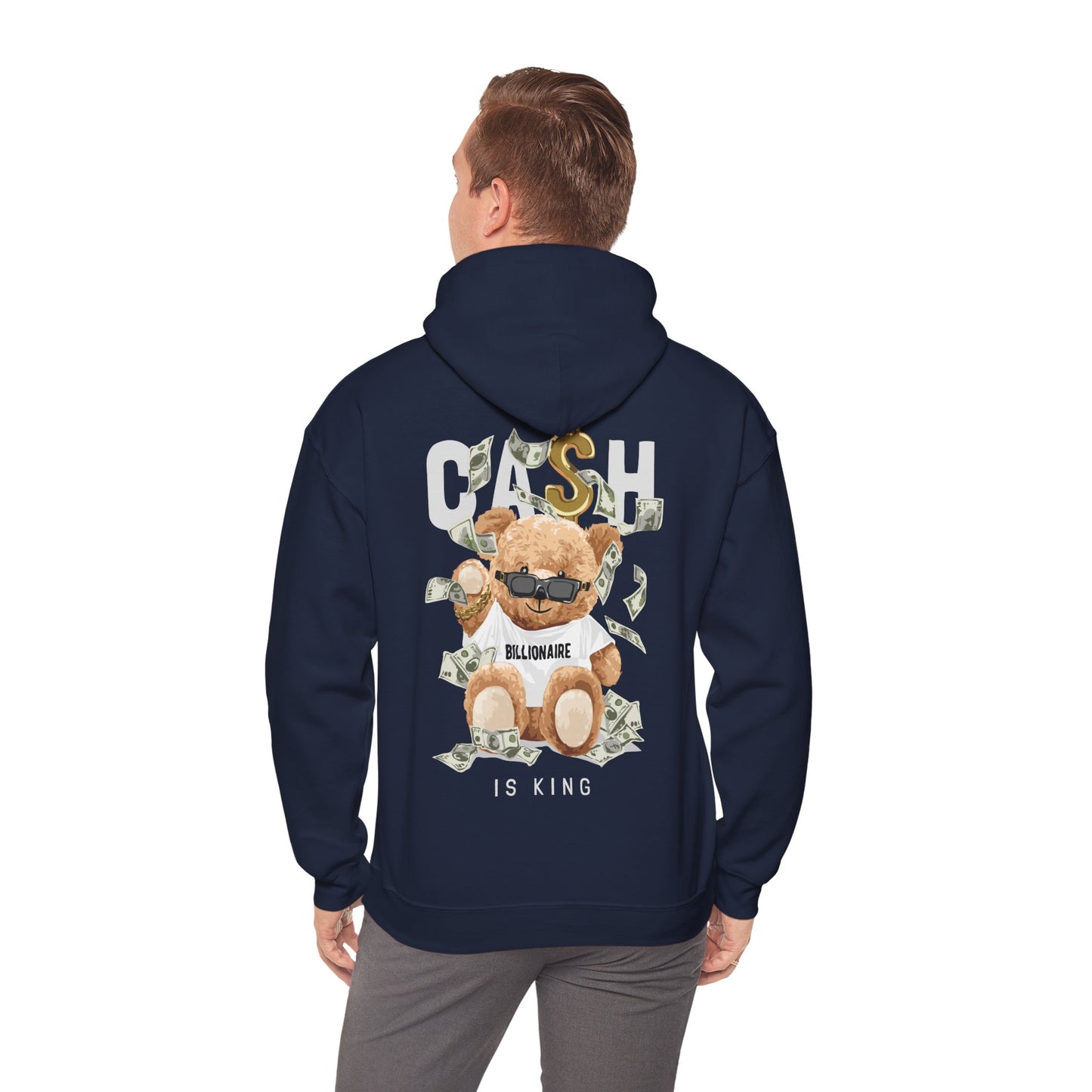 Stylish individual wearing a navy hoodie with a teddy bear design and dollar bills, radiating luxury and playful charm, perfect for any casual occasion.