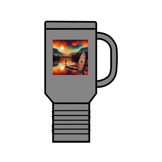 Elegant grey Fantasy Paddleboarding 40Oz Insulated Travel Mug showcasing captivating artwork, ideal for adventurers and outdoor enthusiasts.