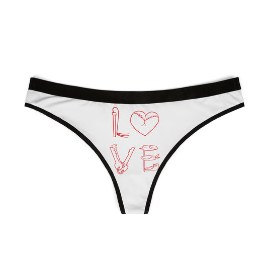 Stylish women's thong with a contemporary design, displaying whimsical 'LOVE' graphics. Ideal for celebrating love with a bold and fun statement in lingerie.