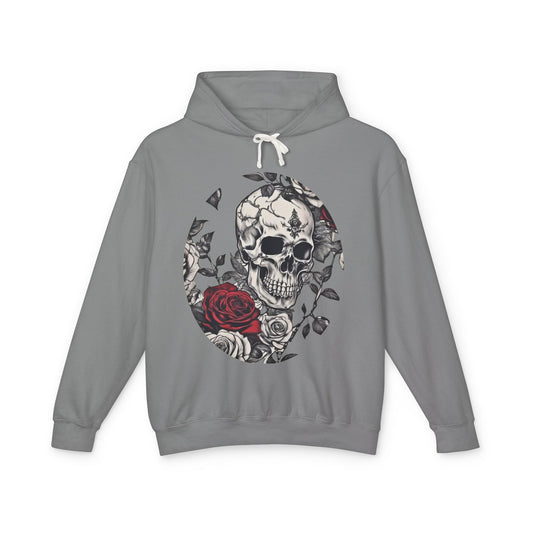 Luxury unisex lightweight hooded sweatshirt featuring a unique designer skull and roses print in a stylish grey.