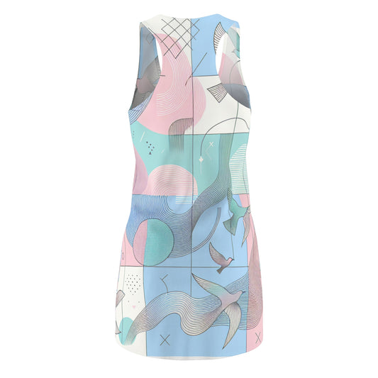 Close-up of the Valentina Marquis Racerback Dress, showcasing the intricate pastel geometric patterns and delicate bird outlines, ideal for a chic everyday look.