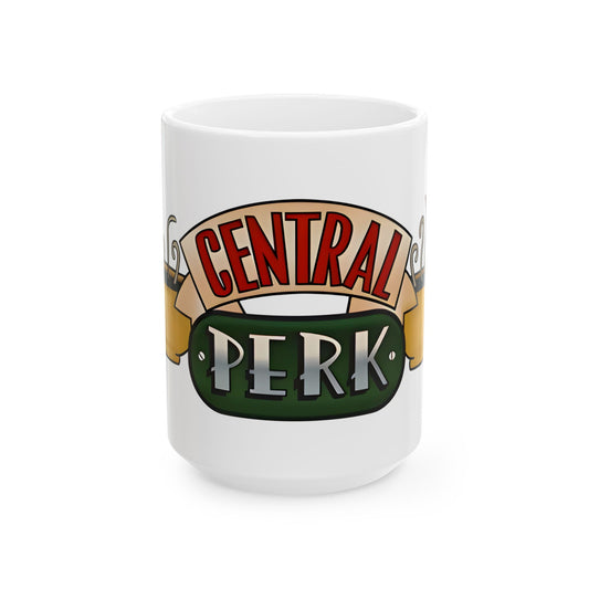 A delightful view of the Central Perk Friends Retro Image Ceramic Mug filled with steaming coffee, perfect for Friends marathon moments and all your caffeine needs!