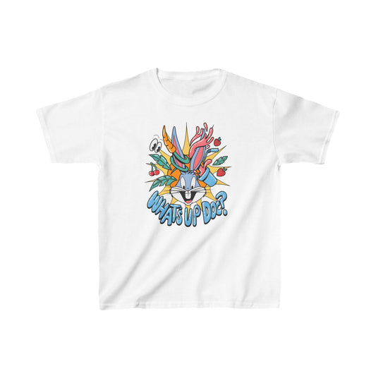 Unisex Kids Bugs Bunny Cotton T-Shirt Tee in white, showcasing an artistic representation of Bugs Bunny surrounded by colourful designs and the slogan 'What's Up Doc?' A perfect blend of comfort and style for discerning young fashion enthusiasts.