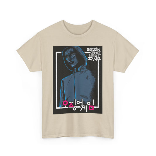 Squid Game Unisex Men's Women's Graphic Cotton Funny T-Shirt Tee, highlighting a captivating print of a hooded figure with Korean text, perfect for making a bold fashion statement.