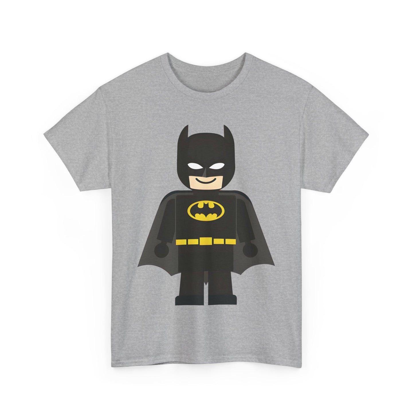 Lego Batman Graphic T-Shirt Urban Unisex Cotton Tee in soft grey, depicting an artistic interpretation of Batman with a cheerful face, distinctive yellow bat symbol, and elegant cape, perfect for those who celebrate their fandom with style.