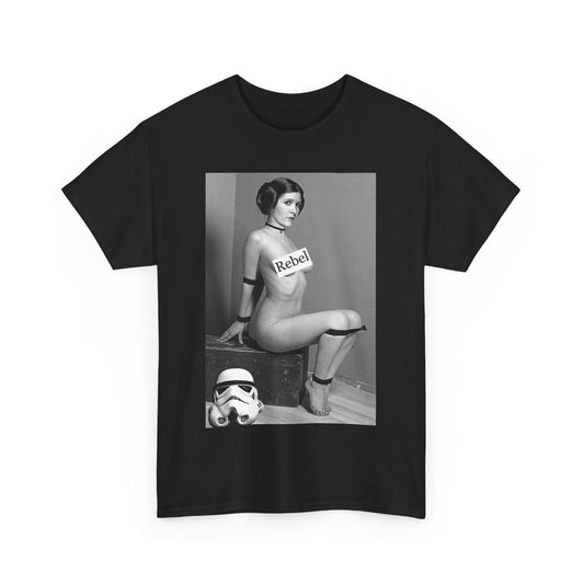 Star Wars Princess Leia Funny Men's Women's Graphic T-Shirt Unisex Cotton featuring a vintage-inspired black and white portrait of Princess Leia with the word 'Rebel', perfect for fans of empowerment and sci-fi culture.
