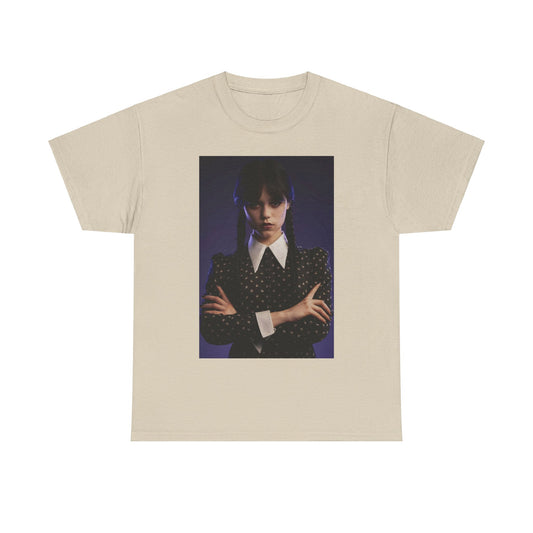 Elevate your style with the 'Wednesday: Embrace the Dark Elegance!' unisex graphic tee, showcasing an enigmatic figure in gothic attire against a mysterious backdrop.