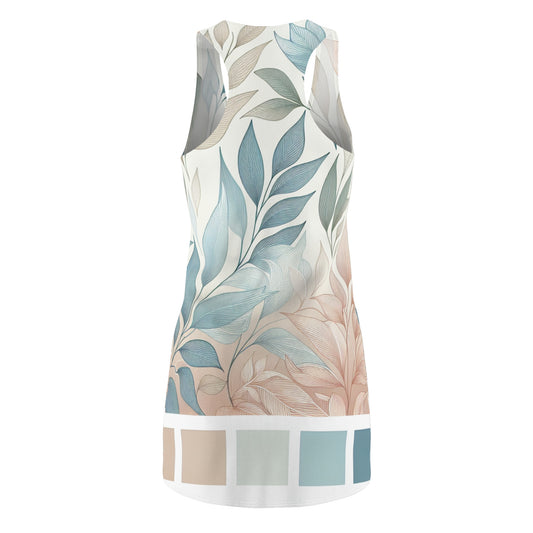 Side view of the Valentina Belleveau Racerback Dress with Pastel Leaf Pattern, highlighting its modern and stylish comfort, ideal for fashion-forward outings.